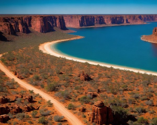 Winding River Amidst Red Rock Formations and Cliffs