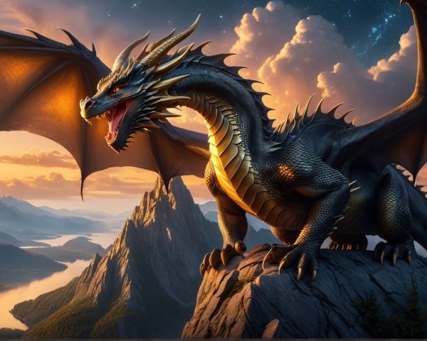 Black dragon on cliff at sunset with vibrant landscape