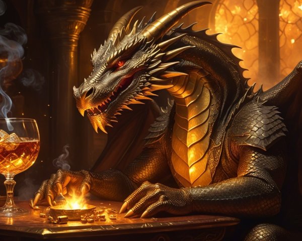 Majestic dragon in opulent chamber with gold coins