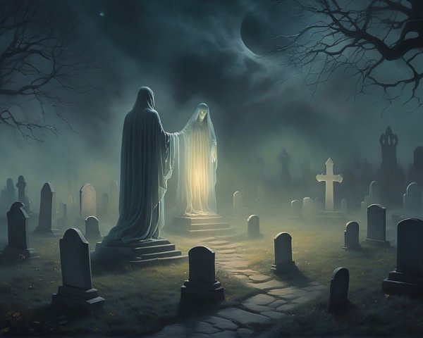 Ethereal Figures in a Misty Graveyard at Night