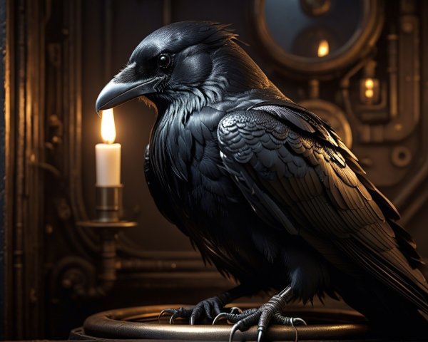 Realistic Matte Black Raven on Steampunk Platform