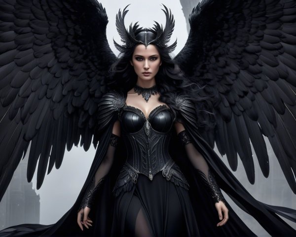 Majestic figure in black gown and feathery wings