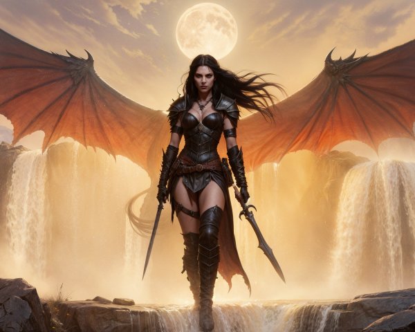 Warrior with Black Wings by Cascading Waterfalls