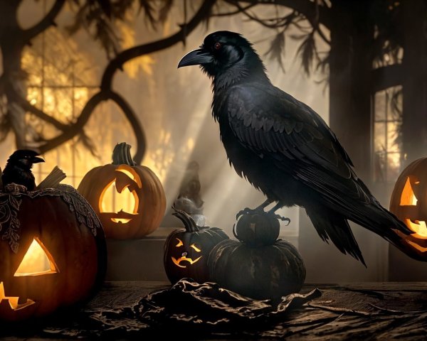 Crow on Pumpkin in Spooky Halloween Setting