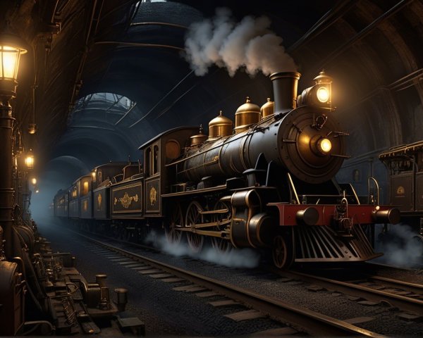 Vintage steam locomotive in an underground tunnel setting