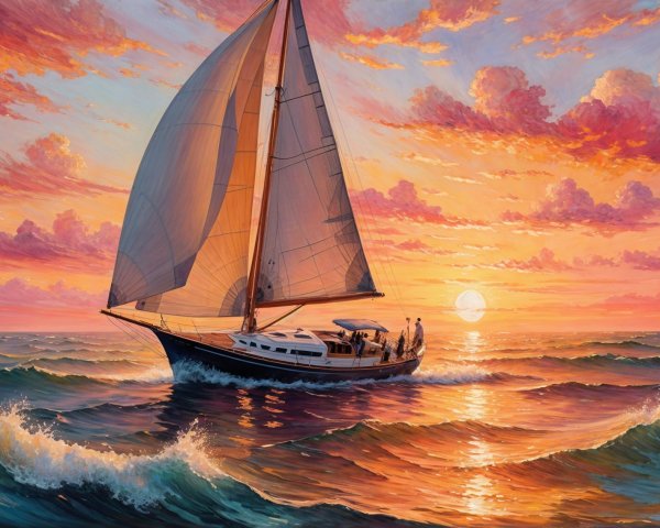 Serene Sunset with Sailboat Over Rolling Waves