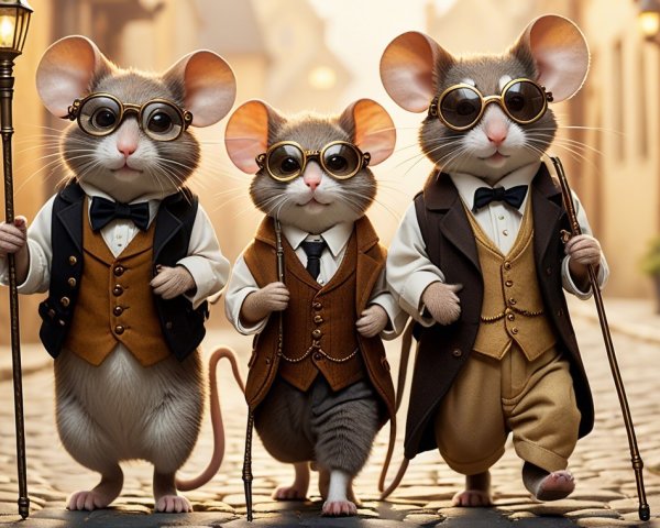 Dapper Mice in Tailored Outfits on Cobblestone Street