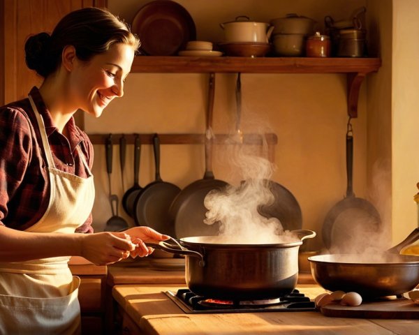 Cozy Kitchen Scene with Woman Cooking and Sunlight