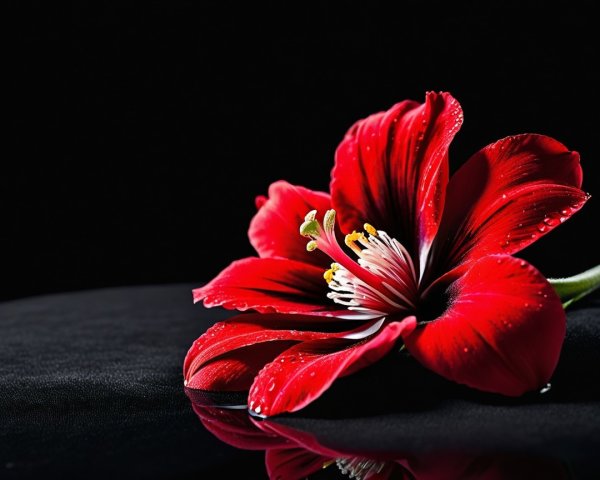 Close-Up of a Vibrant Red Flower with Dewdrops