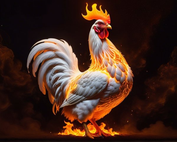 Majestic white rooster illuminated by orange flames