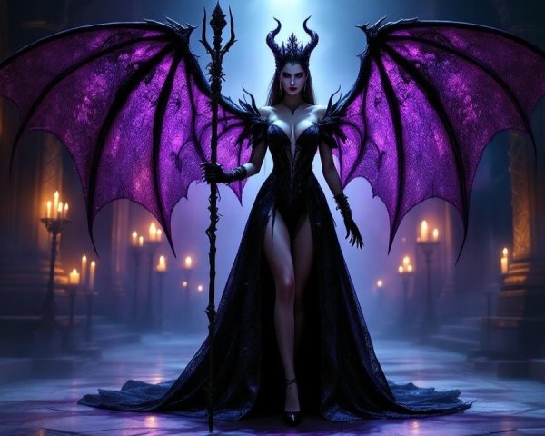 Powerful figure in dark gown with majestic wings