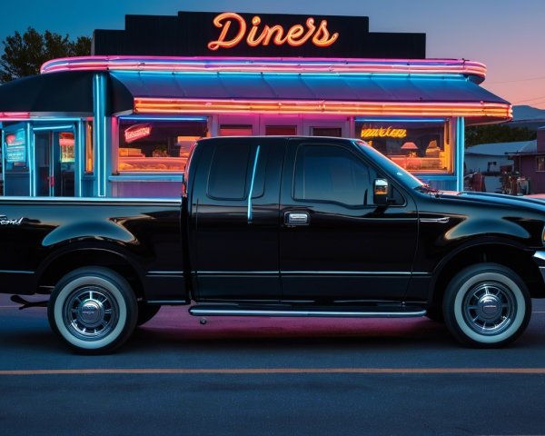 Black Ford Truck Parked at Retro Diner with Neon Lights