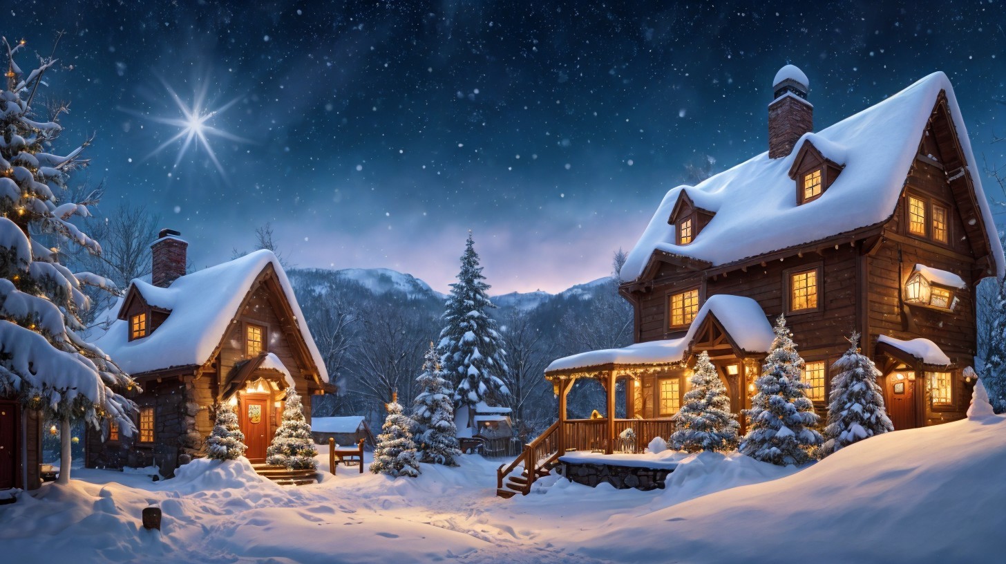 Winter Night Scene with Snowy Cabins and Stars