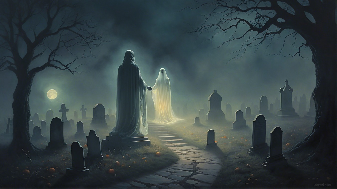 Ethereal Figures in a Misty Graveyard at Night