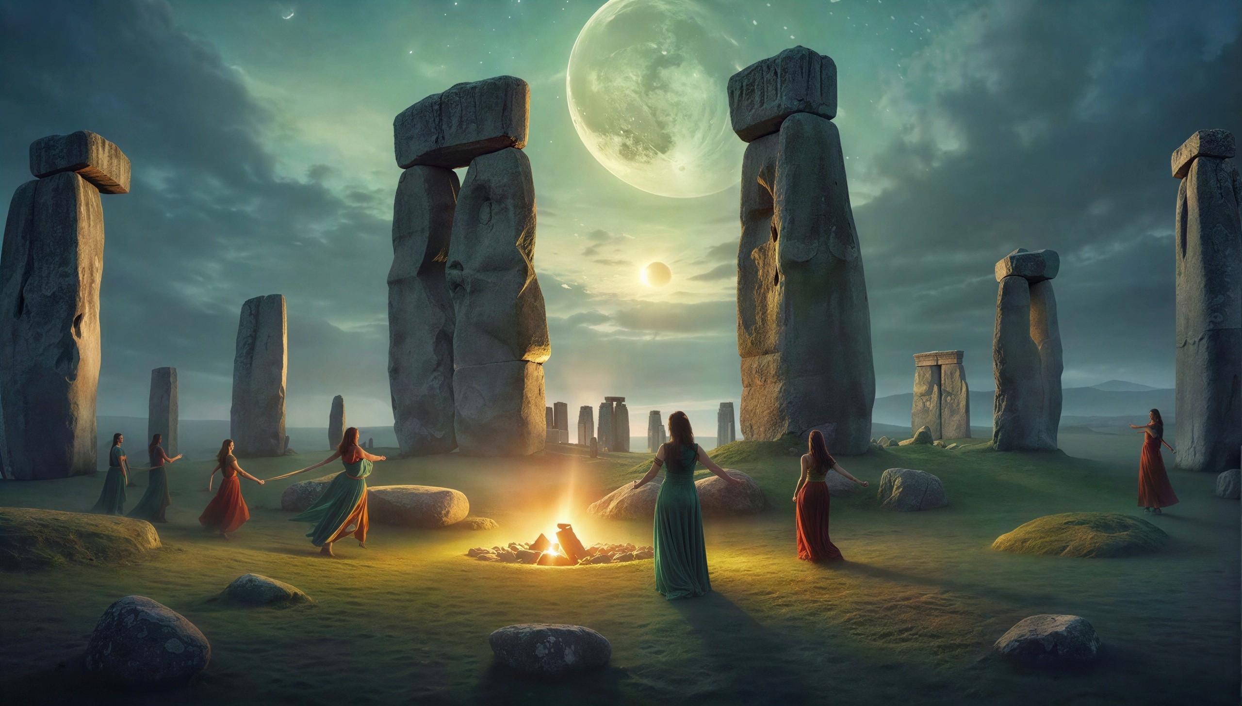 Stonehenge Night Scene with Rituals and Full Moon