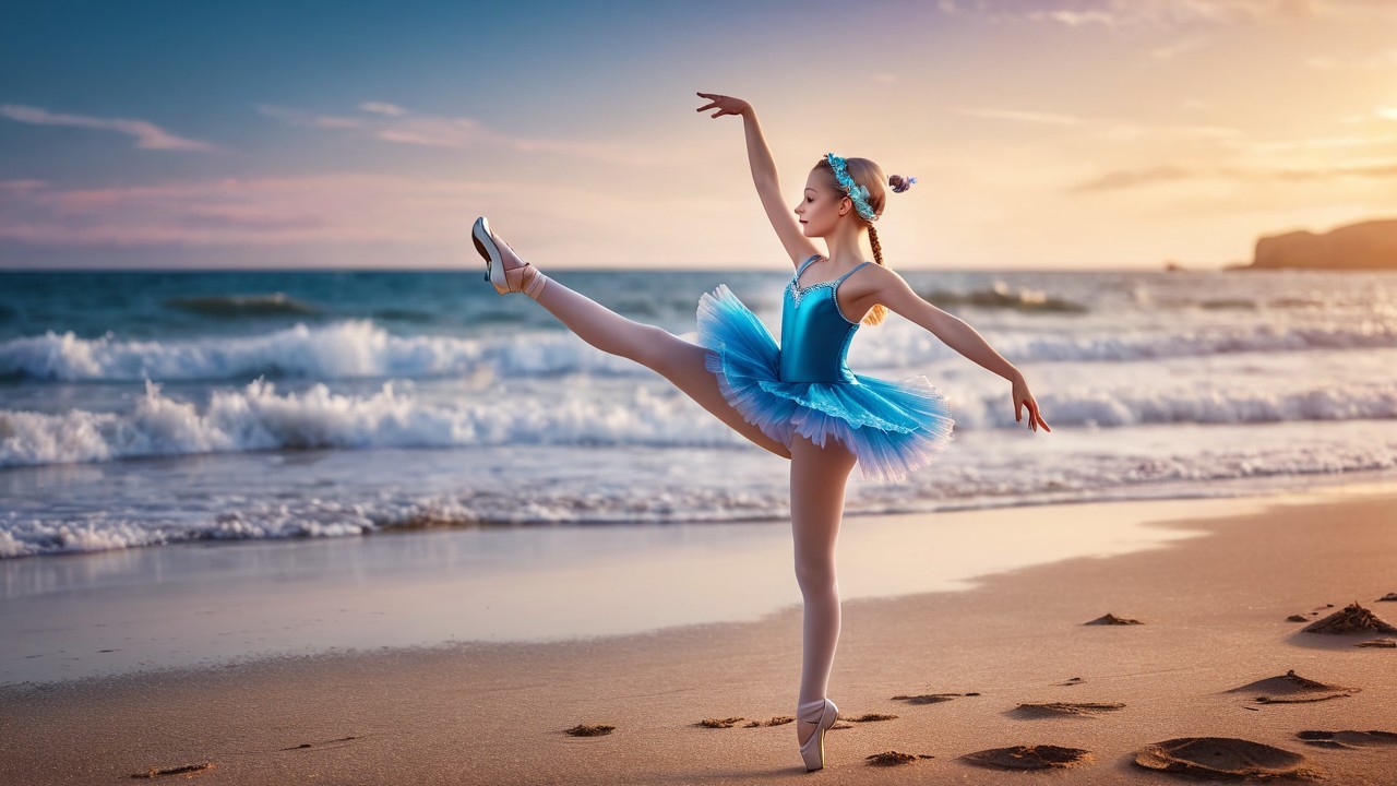Ballet Dancer in Blue Tutu at Sunset on Beach