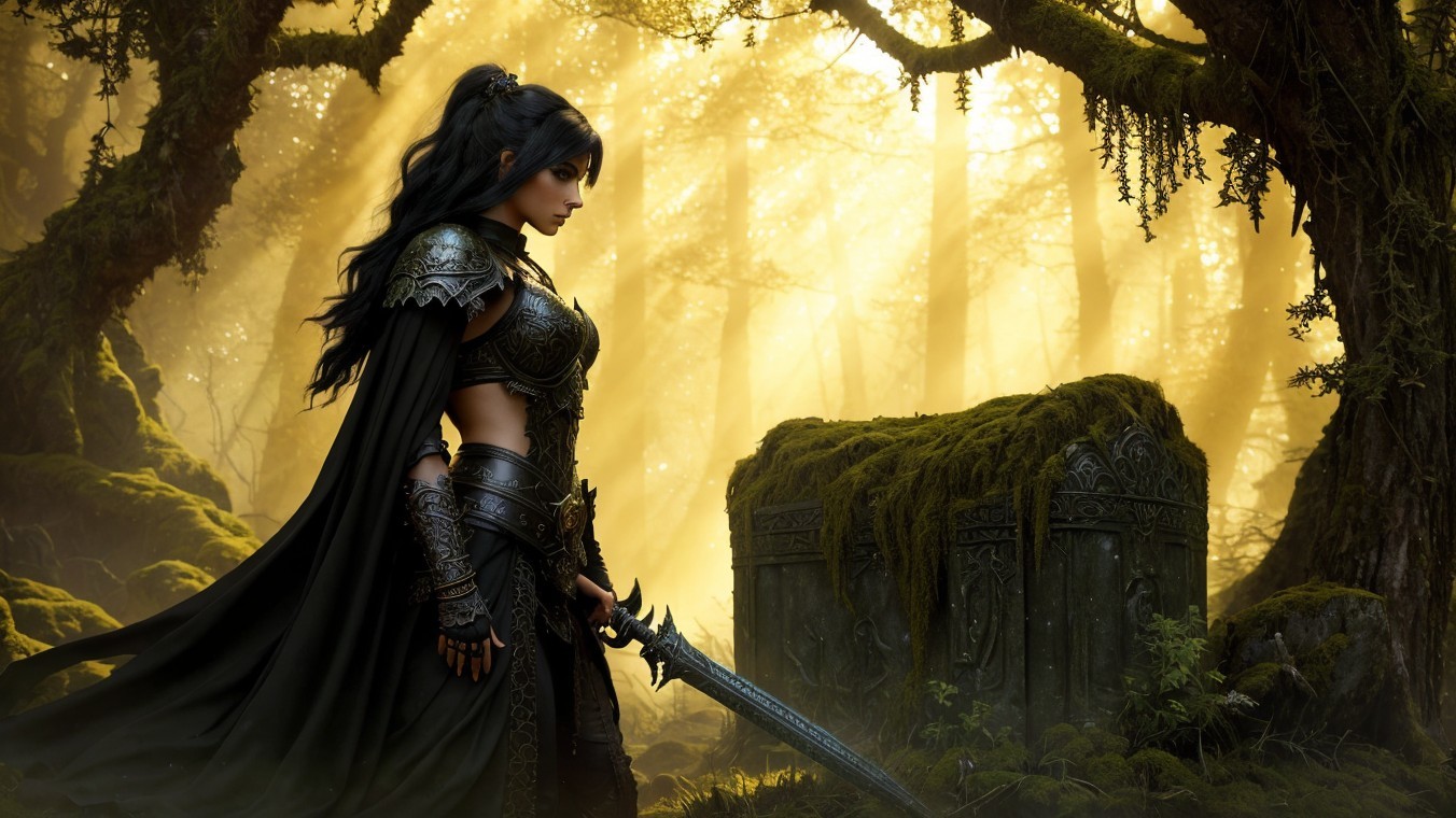 Mysterious Warrior in Enchanting Sunlit Forest