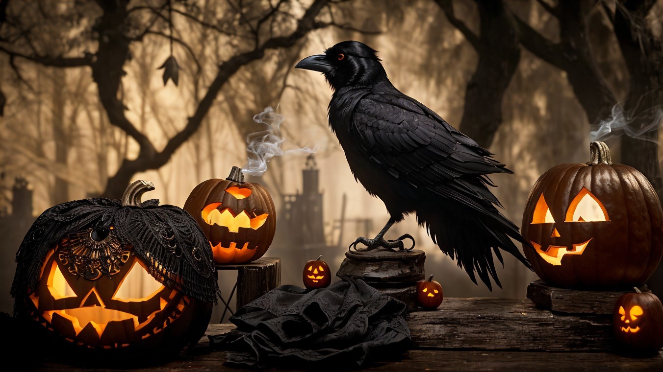 Dark Halloween Scene with Raven and Jack-o'-Lanterns