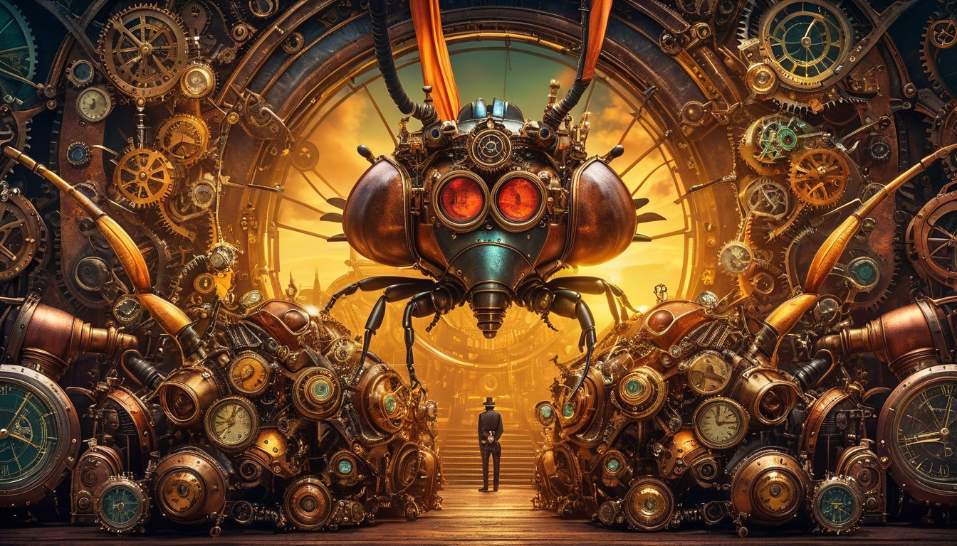 Surreal Steampunk Scene with Mechanical Fly and Figure