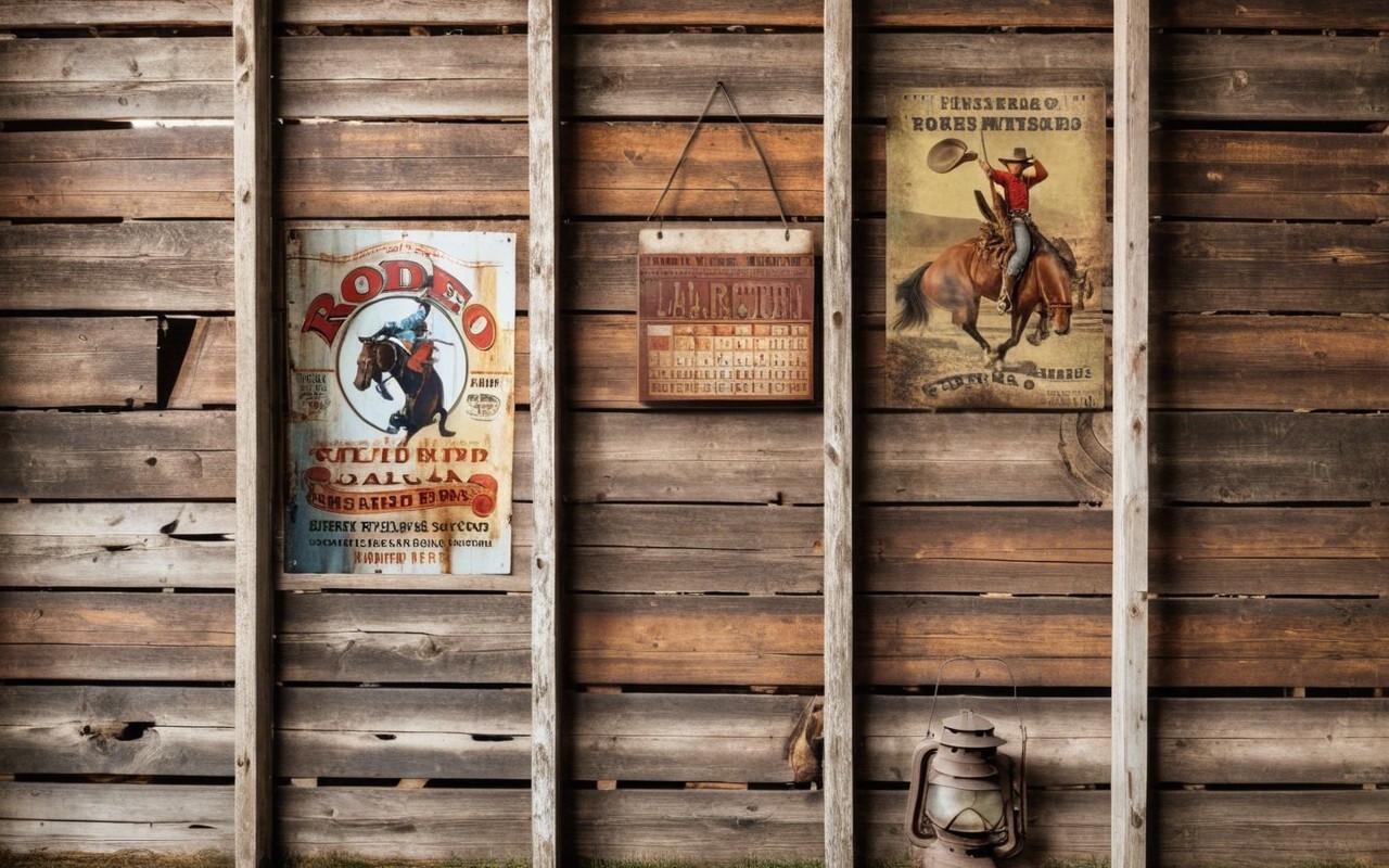 Rustic Wooden Wall with Vintage Rodeo Posters