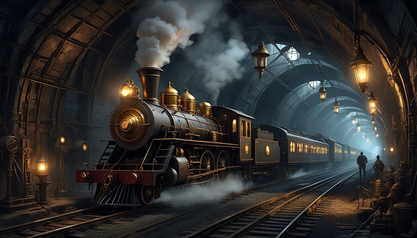 Vintage Steam Locomotive in Dimly Lit Tunnel