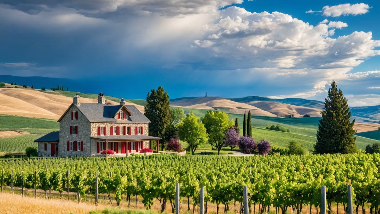 Picturesque Countryside Scene with Stone Farmhouse and Vineyards