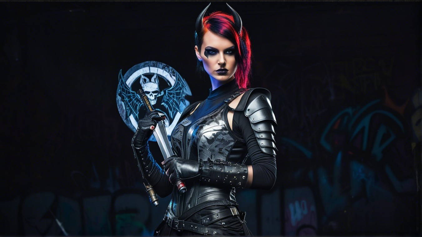 Fierce Warrior in Black Armor and Graffiti Background