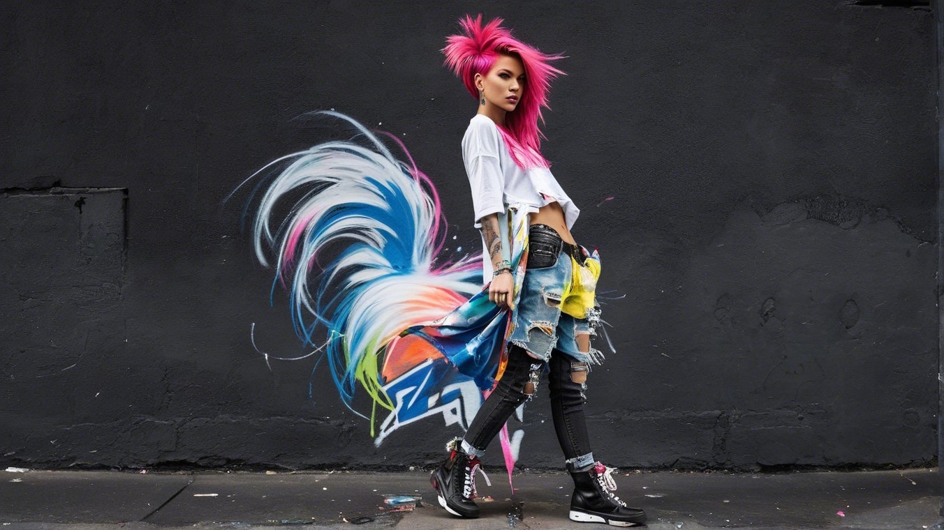 Confident Individual with Pink Hair Against Dark Wall