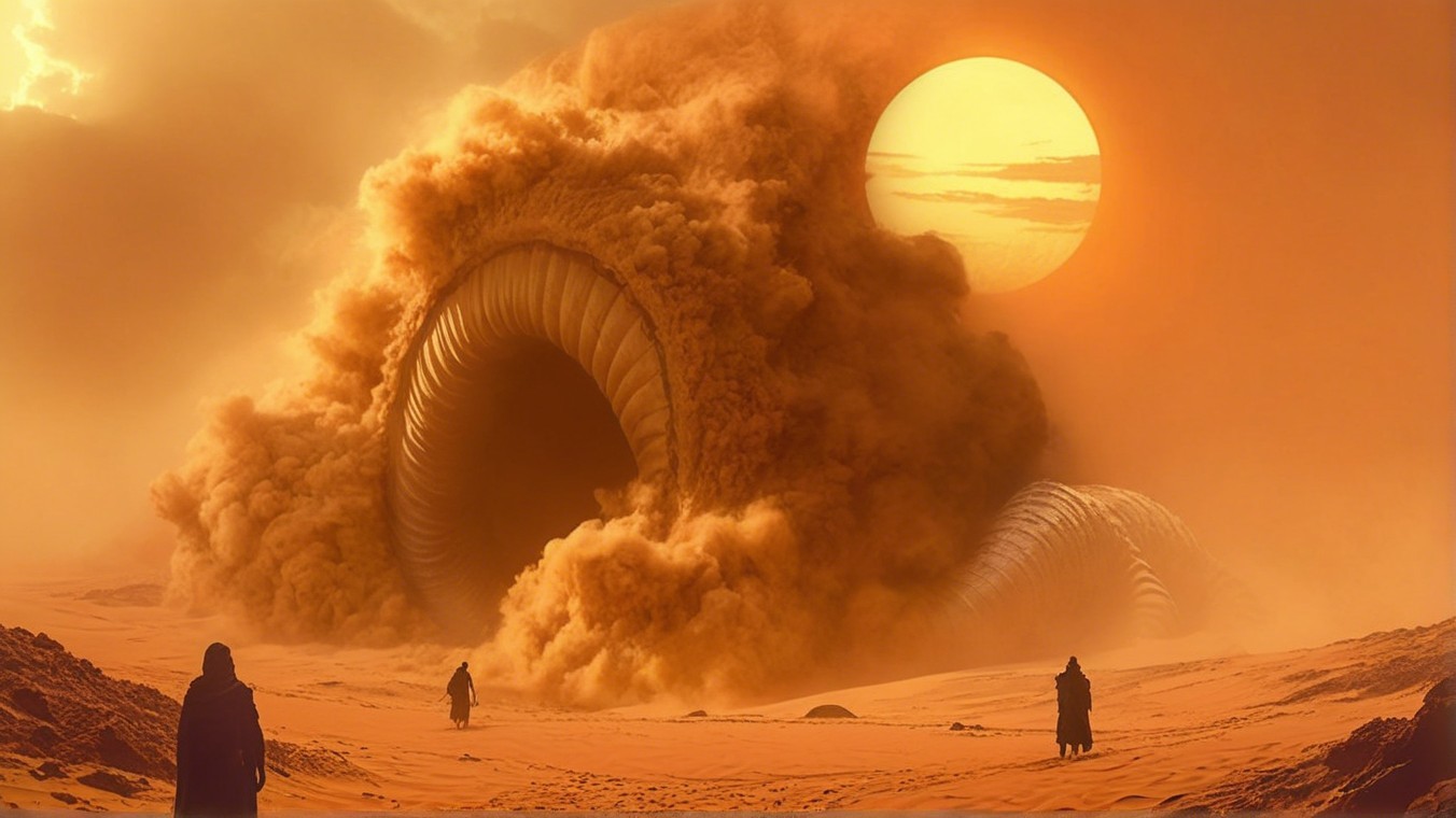 Surreal Desert Landscape with Dust Cloud Creature