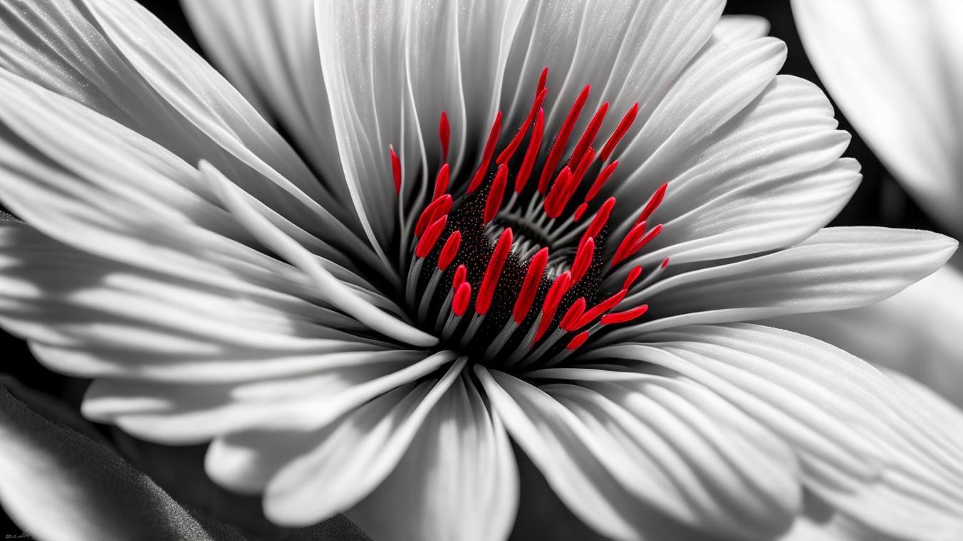 Black and White Flower with Red Stamen Contrast