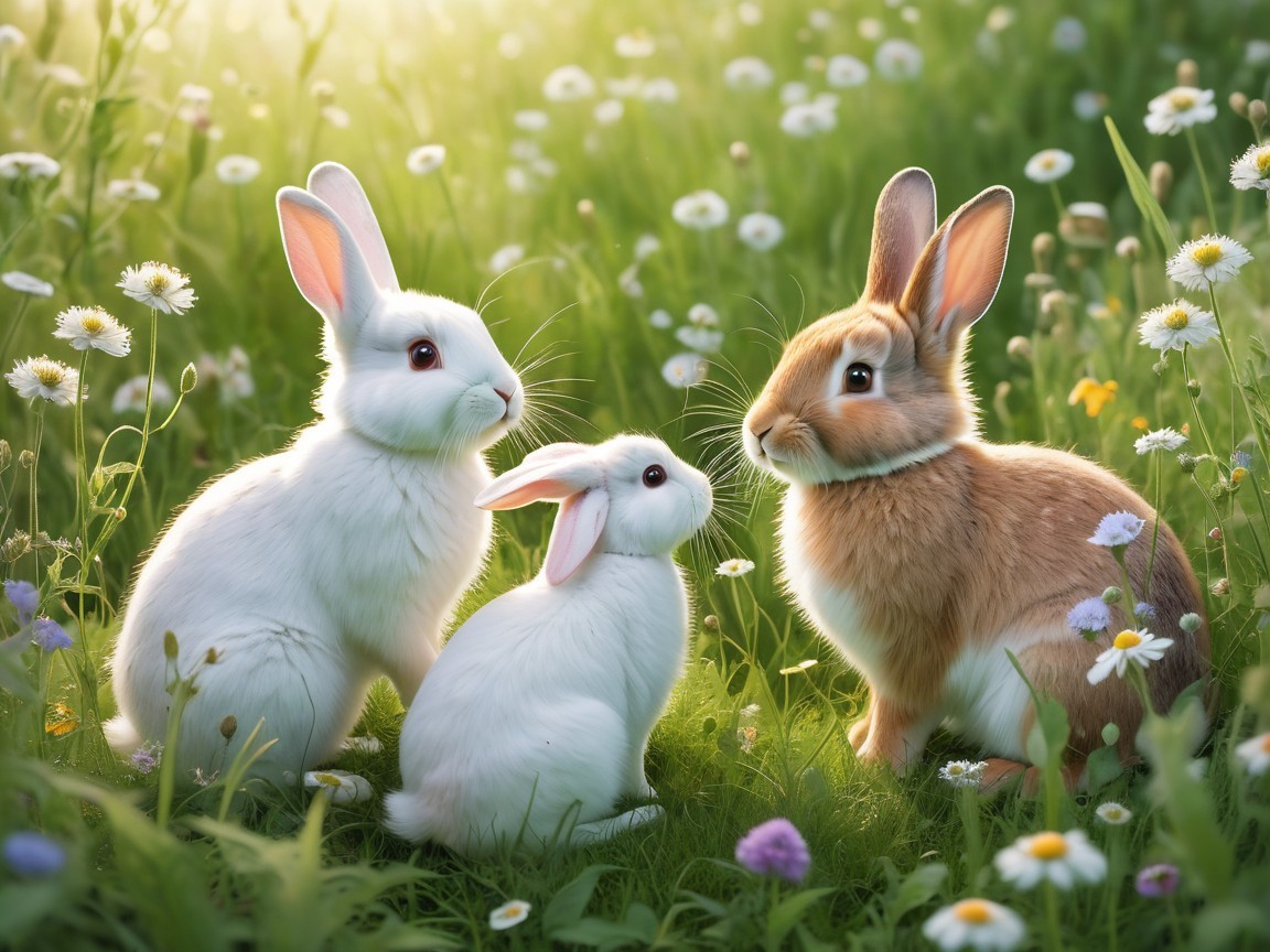 Rabbits in a Meadow Surrounded by Wildflowers