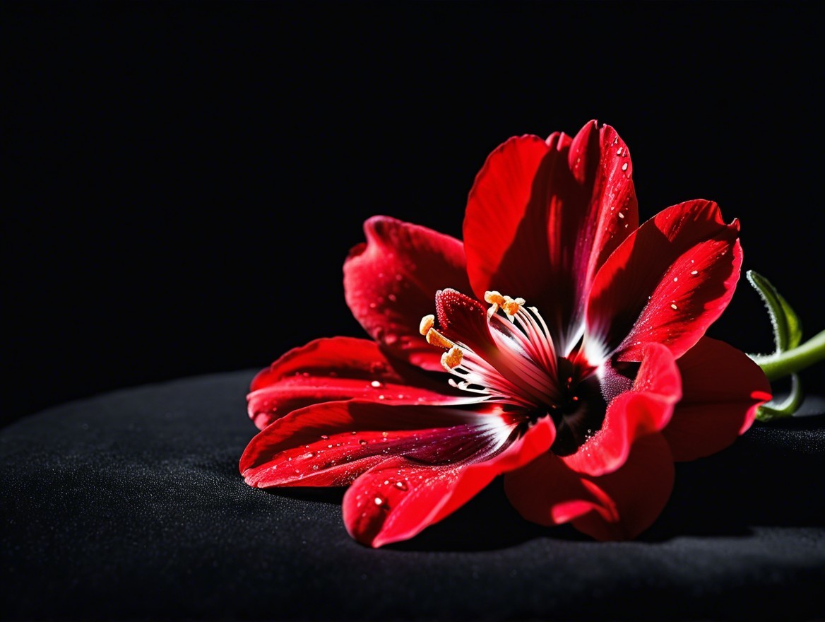 Red Flower on Dark Surface with Water Droplets