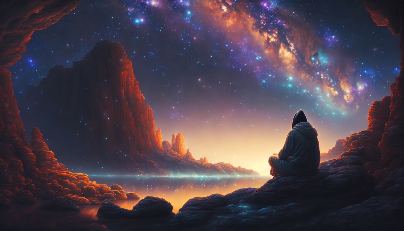 Lone Figure Overlooking Cosmic Landscape and Reflections