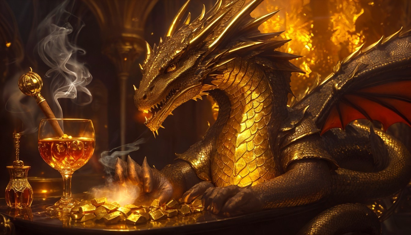 Golden dragon on coins in a treasure chamber setting