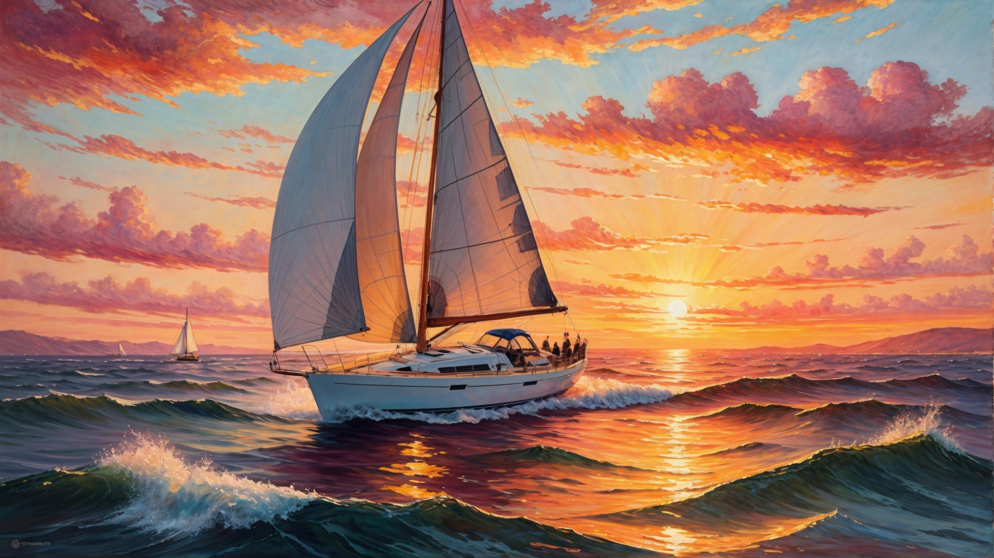 Sailboat at Sunset with Vibrant Sky and Waves