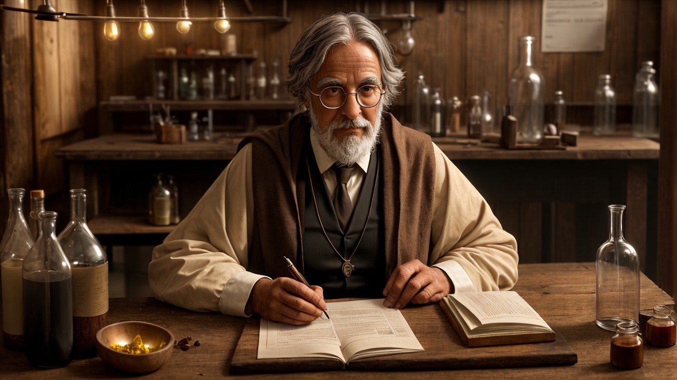 Elderly man writing in a rustic laboratory setting