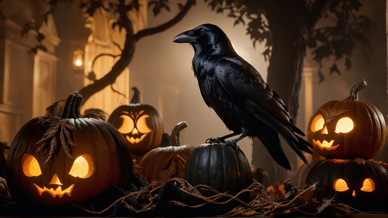Raven on Black Pumpkin in Spooky Halloween Scene