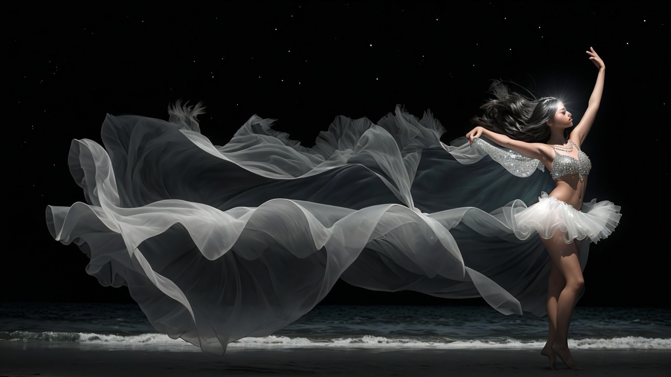 Dancer in shimmering outfit twirls on serene beach at night
