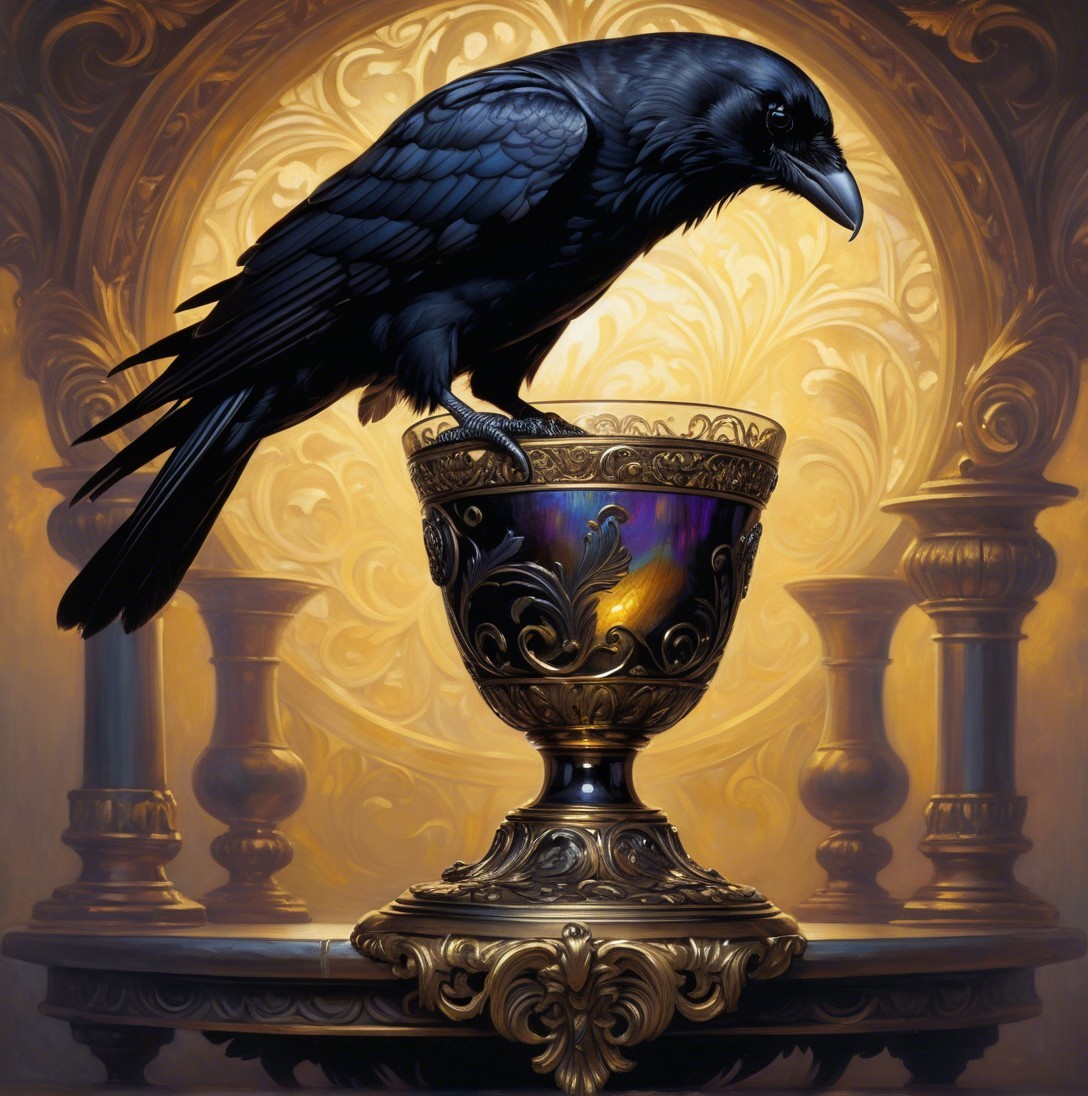 Glossy Black Crow on Ornate Golden Chalice with Liquid