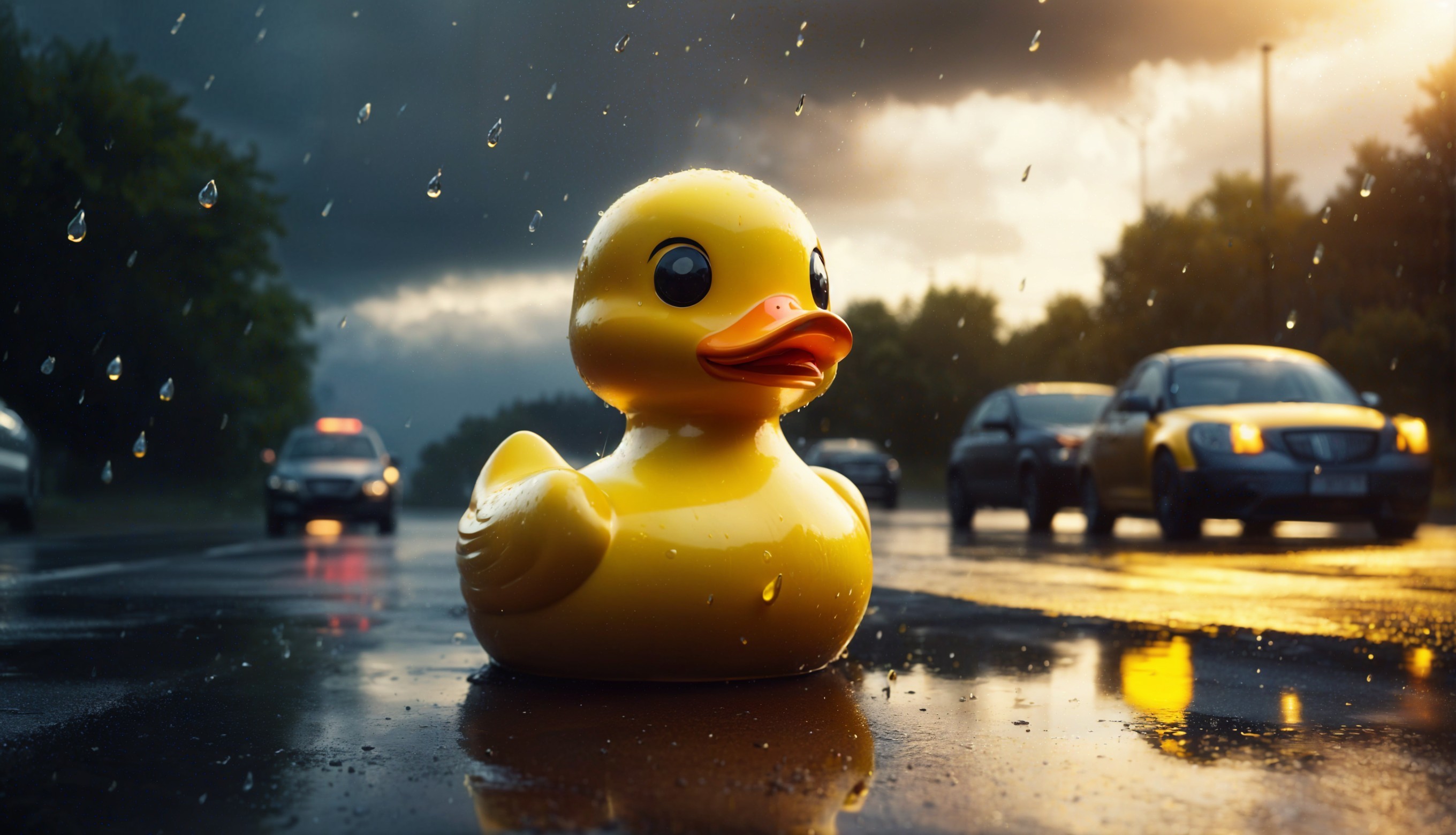 Large Yellow Rubber Duck on Rainy Urban Road