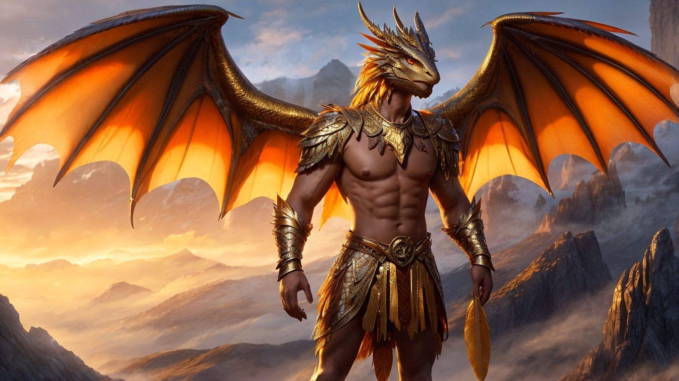 Majestic dragon warrior in golden armor against mountains