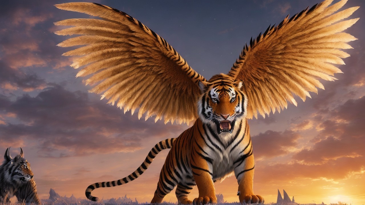 Tiger with Wings Against a Dramatic Sunset Sky
