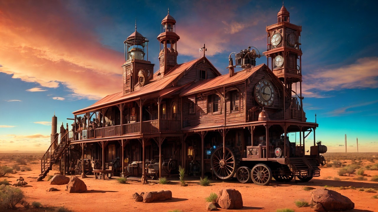 Steampunk-Inspired Building in Desert Sunset Landscape