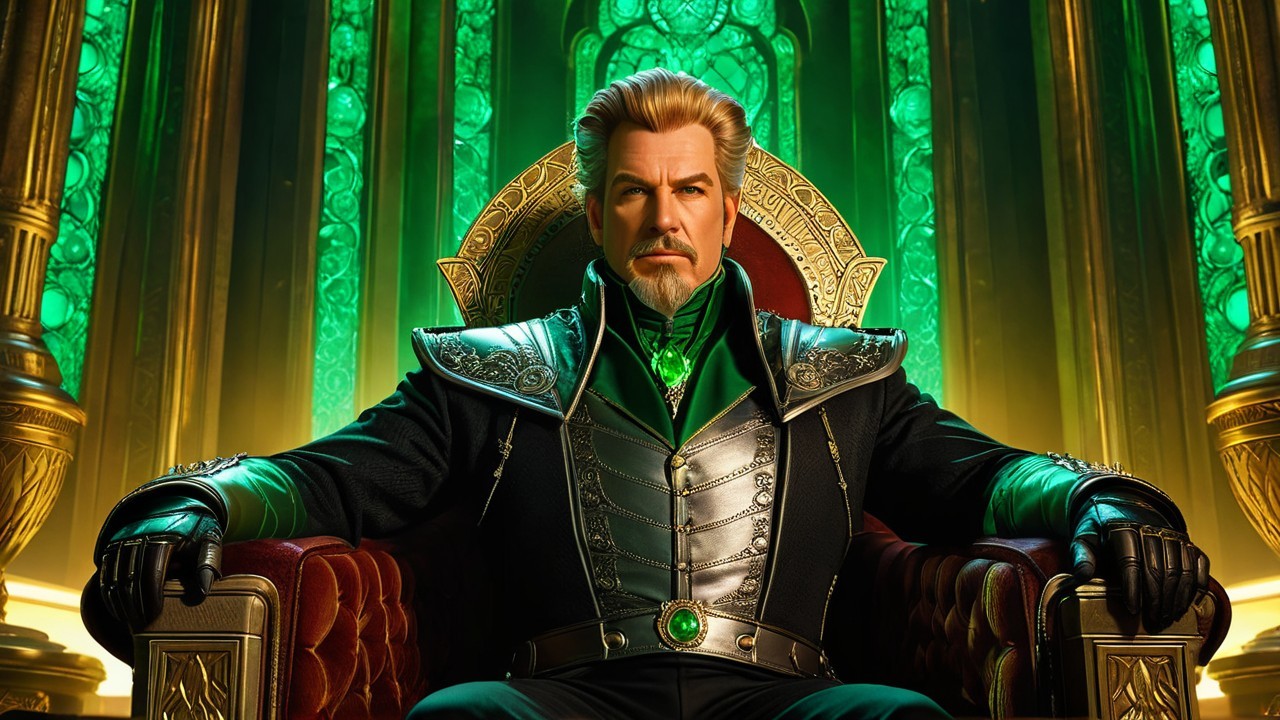 Regal Figure on Ornate Throne with Emerald Accents