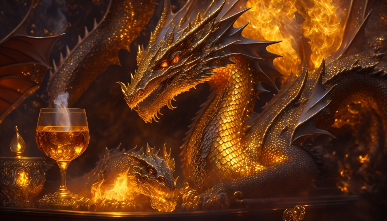 Majestic dragon with goblet and flames in background