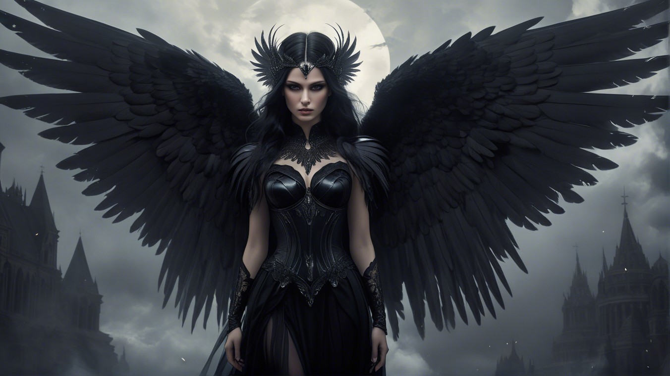 Gothic figure with dark wings and moody backdrop