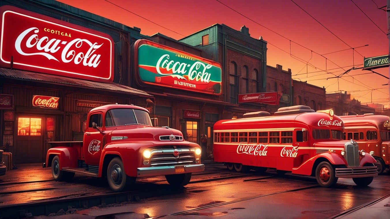 Vintage Coca-Cola Trucks and Bus at Sunset Scene