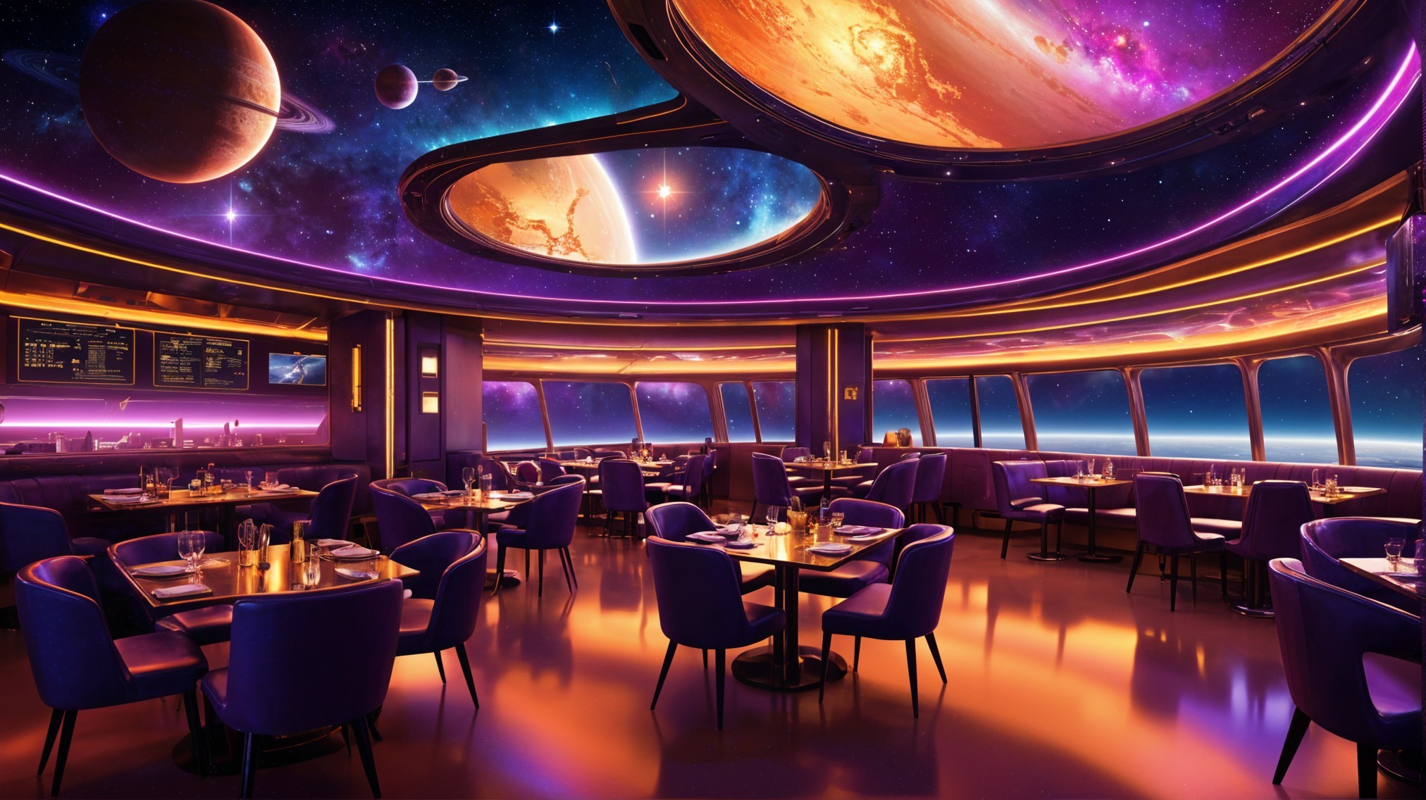 Futuristic Restaurant with Cosmic Ceiling and Decor