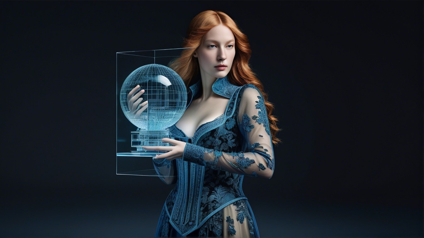 Elegant Woman in Blue Gown with Holographic Globe
