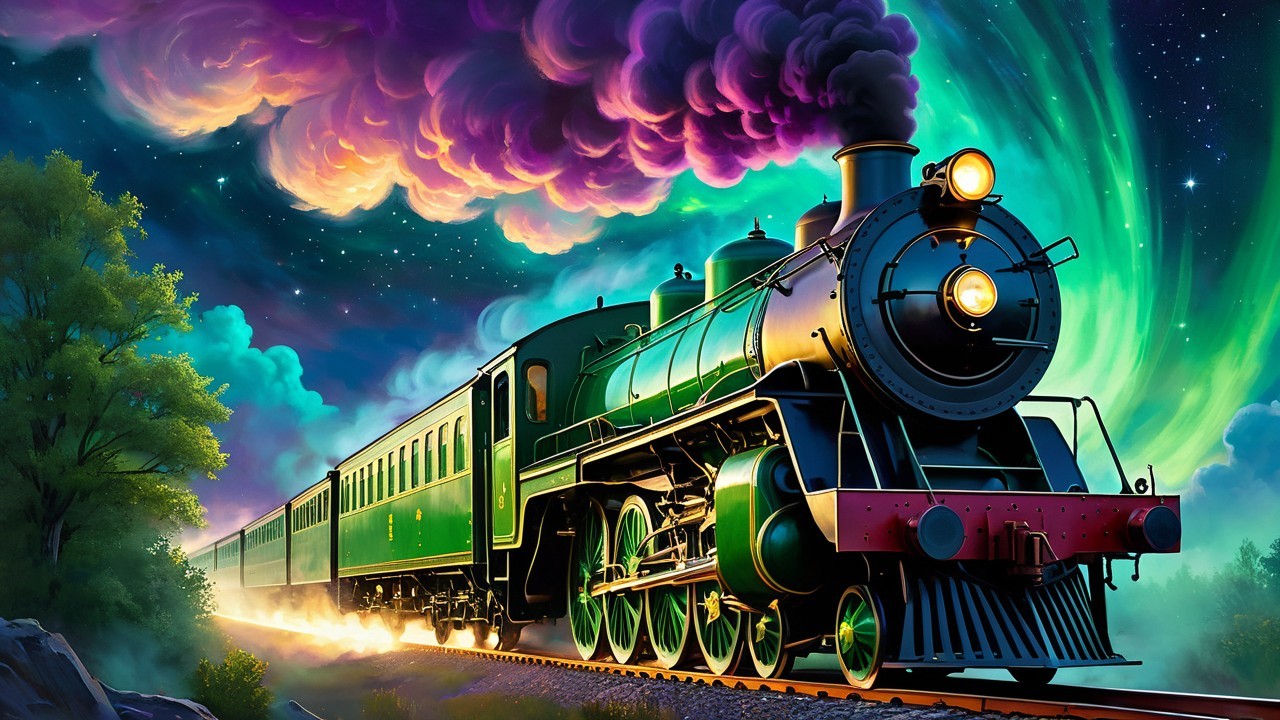 Colorful steam train on winding track under auroras